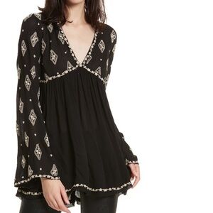 Free People Embroidered Bell Sleeve Top XS